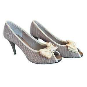 RON WHITE PEEP TOE GRANNY SHOES ALL DAY HEELS 2 TONE BOW TRIM, MESH FABRIC 38.5